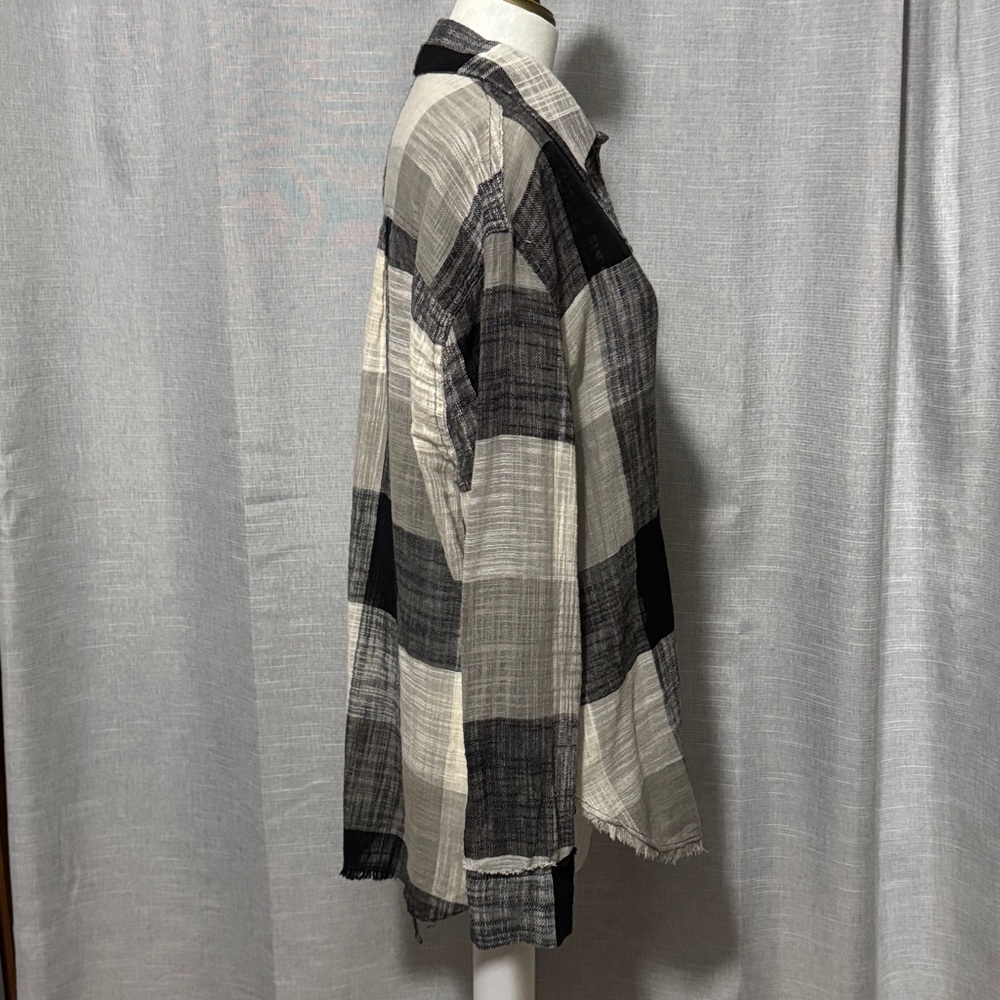 la miel 100% Cotton Shirt-Sz M-Relaxed-Button Up-Plaid-Raw Edge Trim-Lightweight - Picture 8 of 16